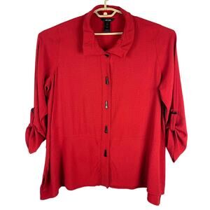 Ali Miles Red Black Toggle Button Closure Roll Tab Sleeve Blouse Women's 1X